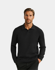Old Money Ribbed Long Sleeve Polo Shirt - Black