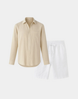 Premium Linen Resort Collar Shirt Set - Beige