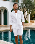Premium Linen Resort Collar Shirt Set - White