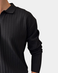 Old Money Ribbed Long Sleeve Polo Shirt - Black