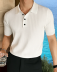 Structured Button-Front Knit Polo Shirt - White