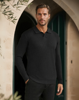 Old Money Ribbed Long Sleeve Polo Shirt - Black