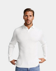Old Money Ribbed Long Sleeve Polo Shirt - White