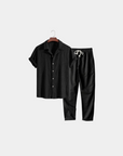 Textured Linen Blend Cuban Set - Black