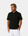 Structured Button-Front Knit Polo Shirt - Black