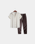 Textured Linen Blend Cuban Set - White and Coffee