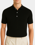 Structured Button-Front Knit Polo Shirt - Black