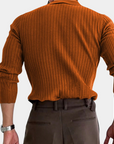Old Money Ribbed Long Sleeve Polo Shirt - Brown