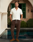 Textured Linen Blend Cuban Set - White and Coffee