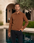 Old Money Ribbed Long Sleeve Polo Shirt - Brown