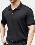 Structured Button-Front Knit Polo Shirt - Black