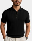 Structured Button-Front Knit Polo Shirt - Black