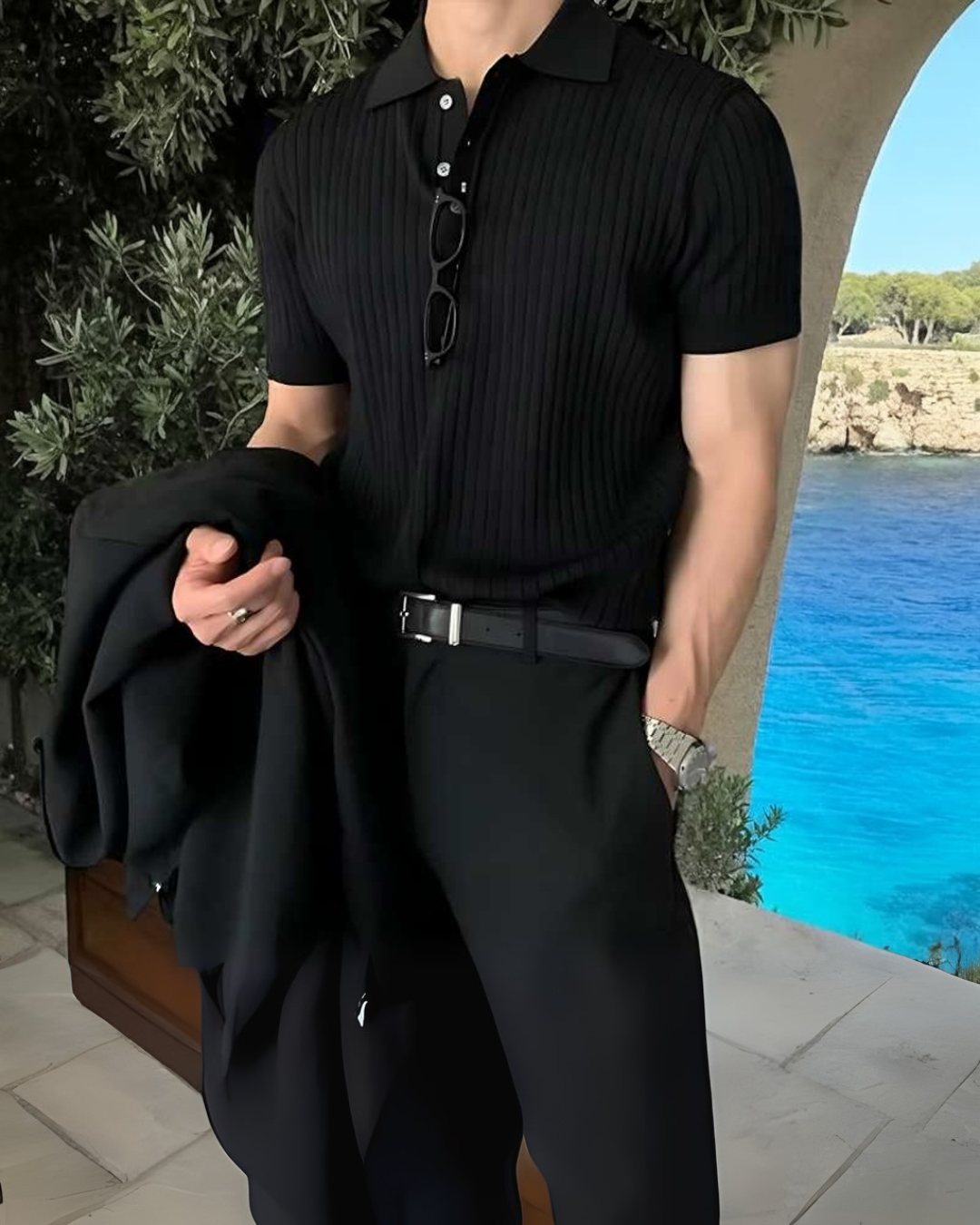 Structured Button-Front Knit Polo Shirt - Black