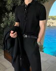 Structured Button-Front Knit Polo Shirt - Black