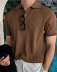 Structured Button-Front Knit Polo Shirt - Brown
