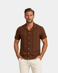 Textured Linen Blend Cuban Set - Coffee and White