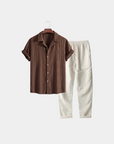 Textured Linen Blend Cuban Set - Coffee and White