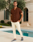 Textured Linen Blend Cuban Set - Coffee and White
