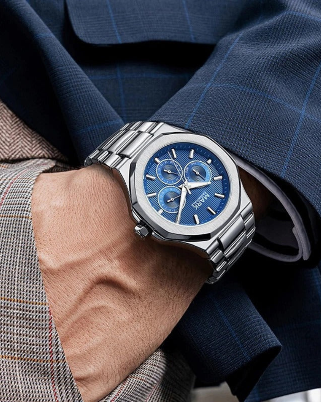 Silver Steel Luxe Chrono Watch - Blå