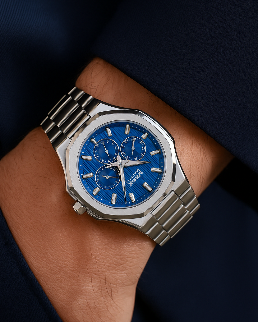 Silver Steel Luxe Chrono Watch - Blå